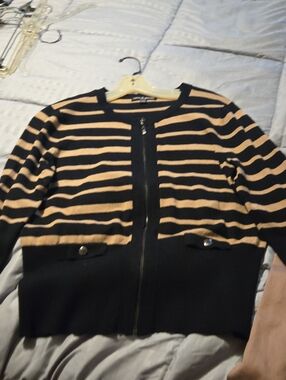 Striped Zip-Front Womens Sweater Jacket in Black and Tan